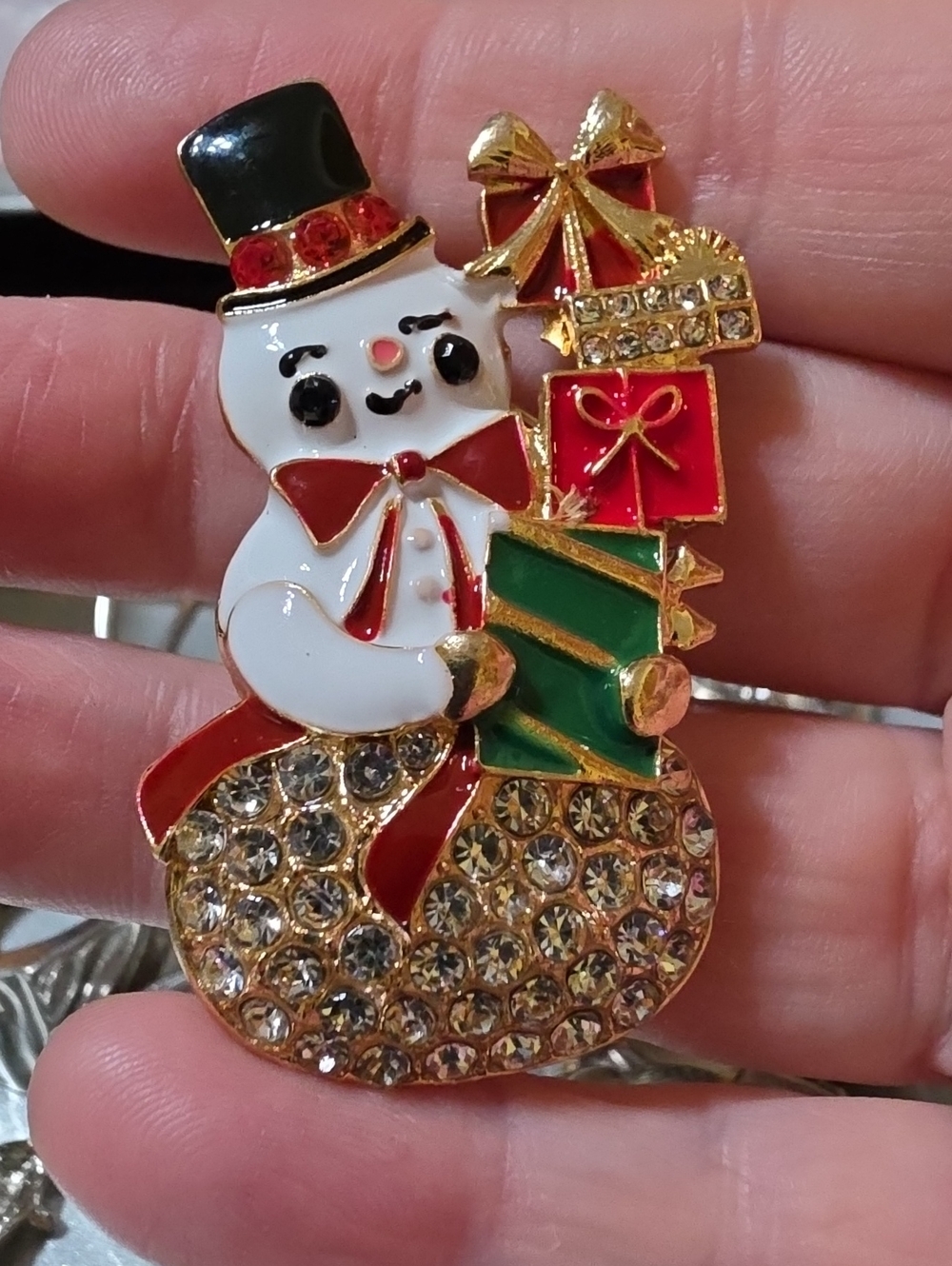 A30- Festive Snowman Crystal Holiday Brooch - Red, Green, White, Gold
